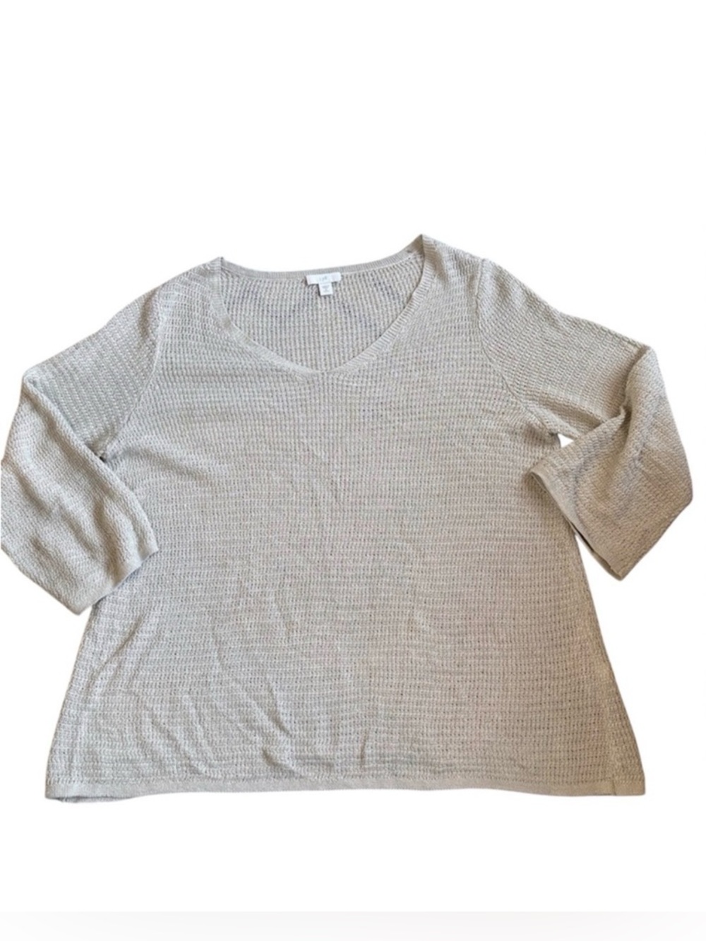 J. Jill Pullover Linen Blend V-Neck Open Knit Sweater Coastal Chic Medium petite
